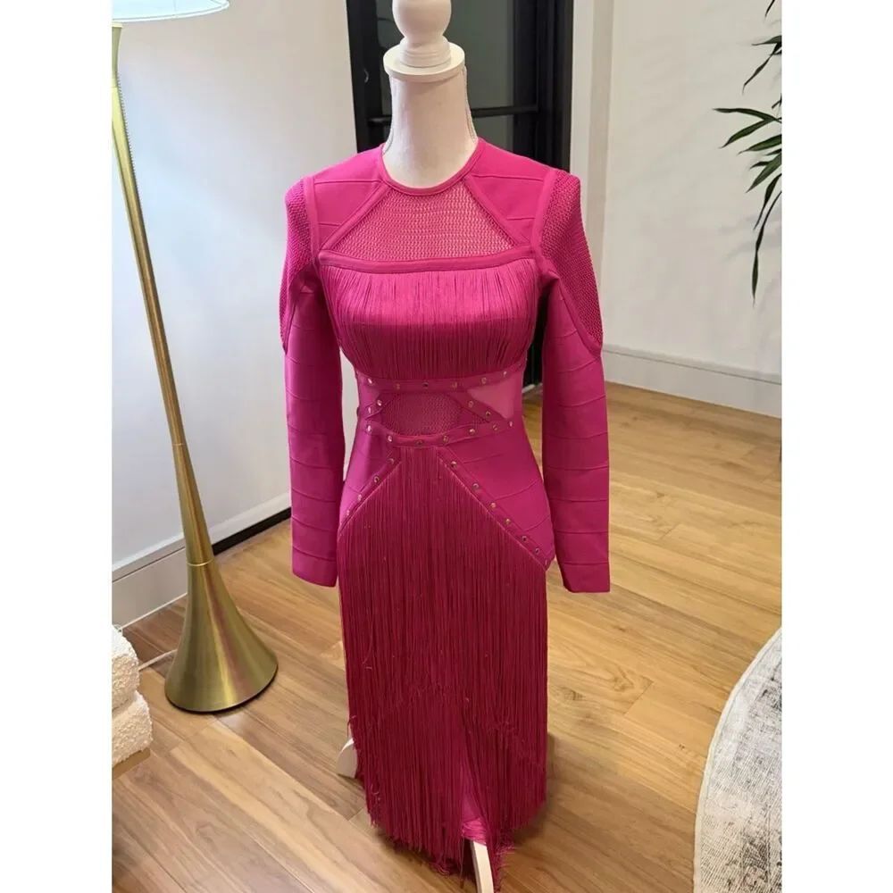 Karen Millen Fuchsia Fringe Long-Sleeve Bodycon Dress Size M NWT